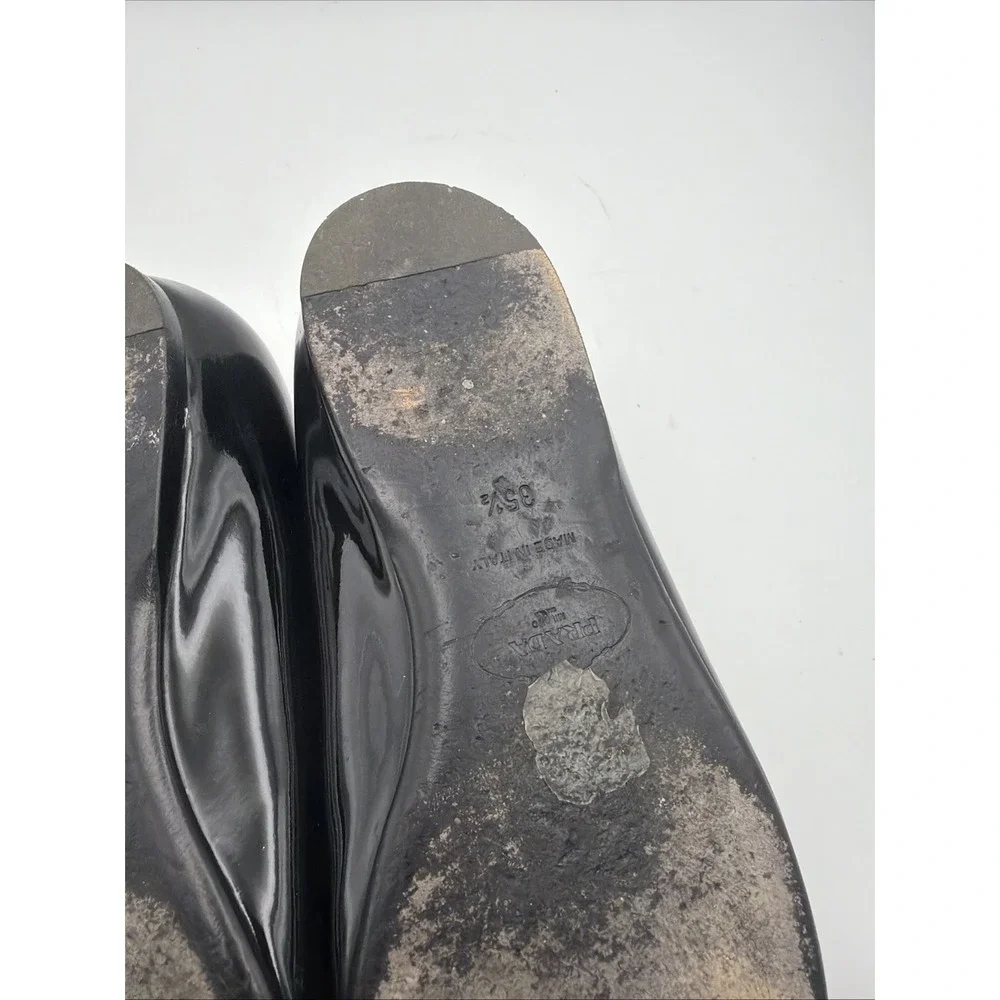 PRADA Black Patent Leather Flats Peep Toe Slides 35.5